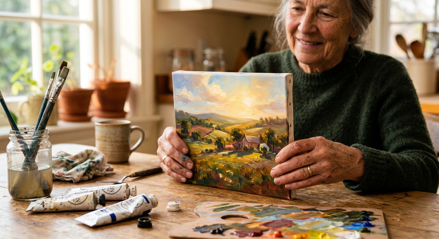Woman proudly holding her completed landscape painting
