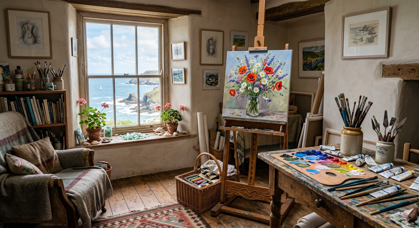 A cozy artist's studio in a bright coastal cottage, paintbrushes and canvas ready