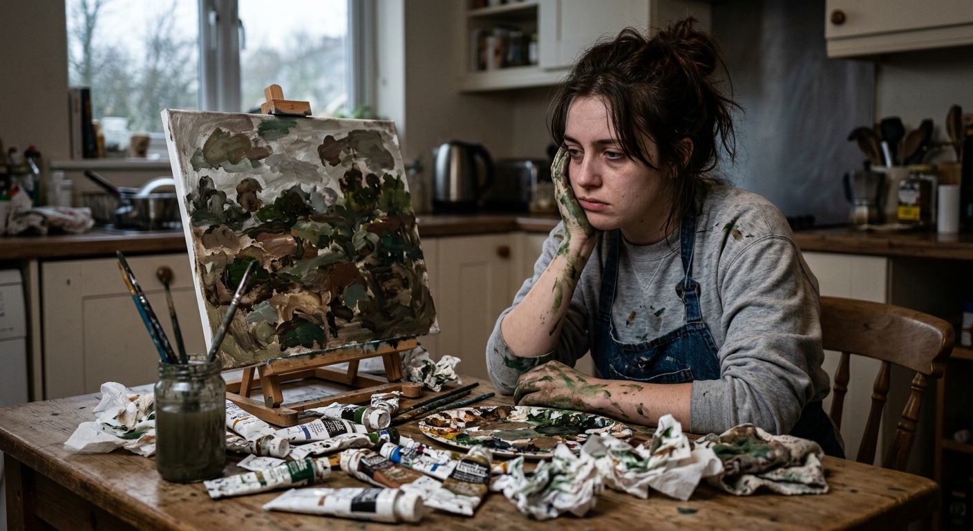 A frustrated beginner painter looking at a muddy, overworked canvas